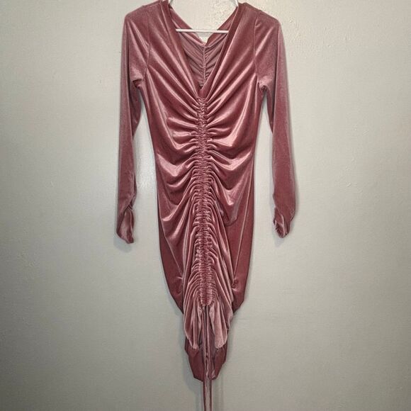Pink Velvet Ruched Bodycon Prom Cocktail Formal Women's Dress Long Sleeve Sexy - Picture 3 of 7